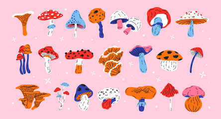 Retro set groovy mushrooms. Hippie cartoon design elements in 90s style. Trendy doodle acid stickers. Colorful poisonous and edible mushrooms. Vector flat illustration in hand drawn style
