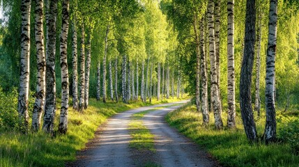 Fototapeta premium Sunny path through birch trees, summer landscape, nature wallpaper