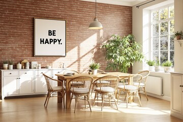 Cozy dining room with wooden furniture and indoor plants in bright natural light.