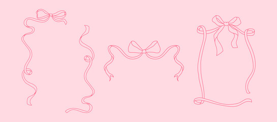 Set of 3 Linear outline ribbon frames with bow. Vector hand drawn illustration of ribbons in sketch style. Coquette core aesthetic