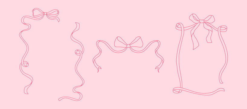 Set of 3 Linear outline ribbon frames with bow. Vector hand drawn illustration of ribbons in sketch style. Coquette core aesthetic