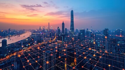 Sunrise cityscape, network overlay, river, buildings, urban development, technology