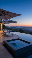 Fototapeta premium Sunset Serenity: Infinity Pool & Hillside Views - Luxury Living, Relaxing Escape, Outdoor Oasis, Twilight Bliss, Vacation Goals