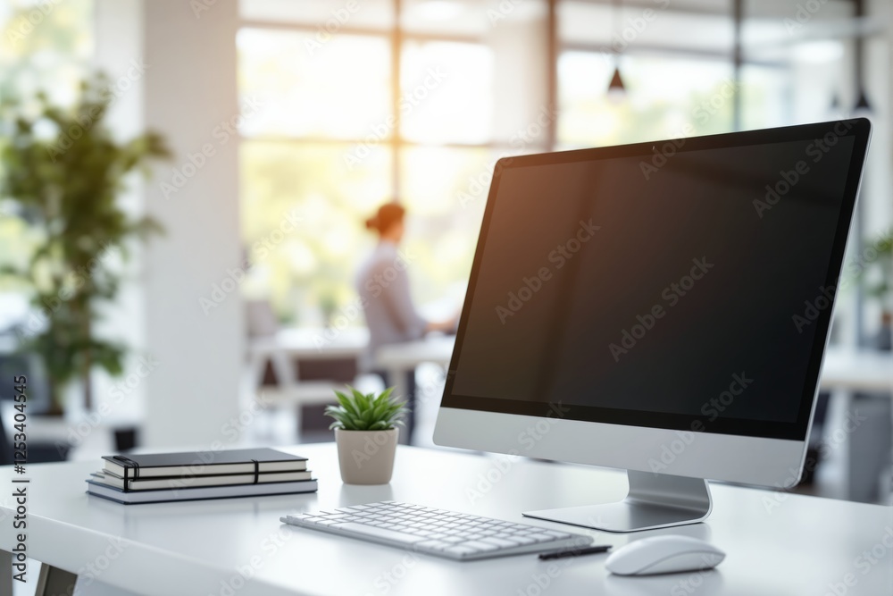 Poster modern workspace with desktop computer, keyboard, and office supplies on a white desk. bright backgr