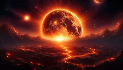sun landscapes concept, the sun surface, fire with dark night universe in background with stars