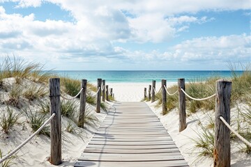Wooden pathway through sand dunes leading to a pristine beach under a blue sky with fluffy clouds.
