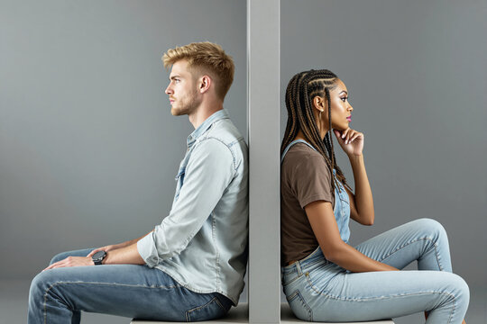 Couple sitting back-to-back on neutral backdrop, expressing emotional distance.