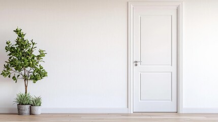 White Interior Room With Plant And Door