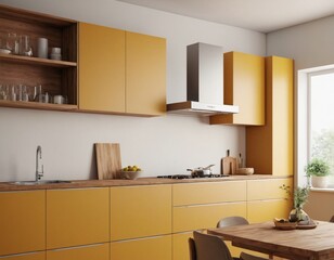 Modern Kitchen interior with empty blank wall for mockup template display. 3D Rendering