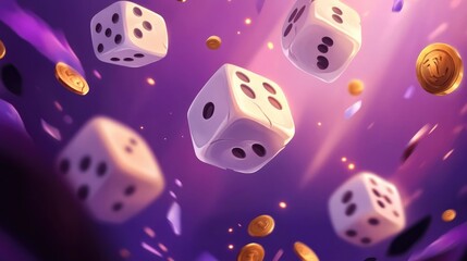 Floating dice and golden coins on a vibrant purple background