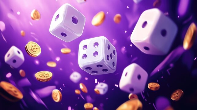 Floating dice and golden coins on a vibrant purple background