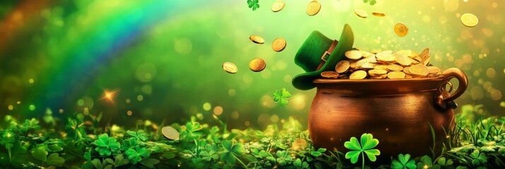 Golden coins overflowing from a pot with shamrocks at the end of a rainbow, representing irish folklore, luck, and wealth, banner	