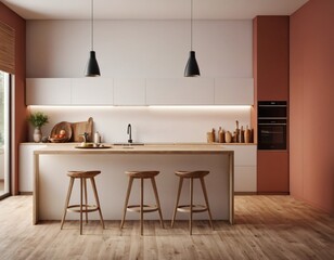 Modern Kitchen interior with empty blank wall for mockup template display. 3D Rendering