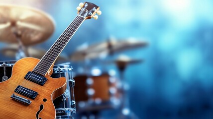 Naklejka premium A guitar positioned in front of drum set in music studio, showcasing vibrant atmosphere perfect for creativity and performance