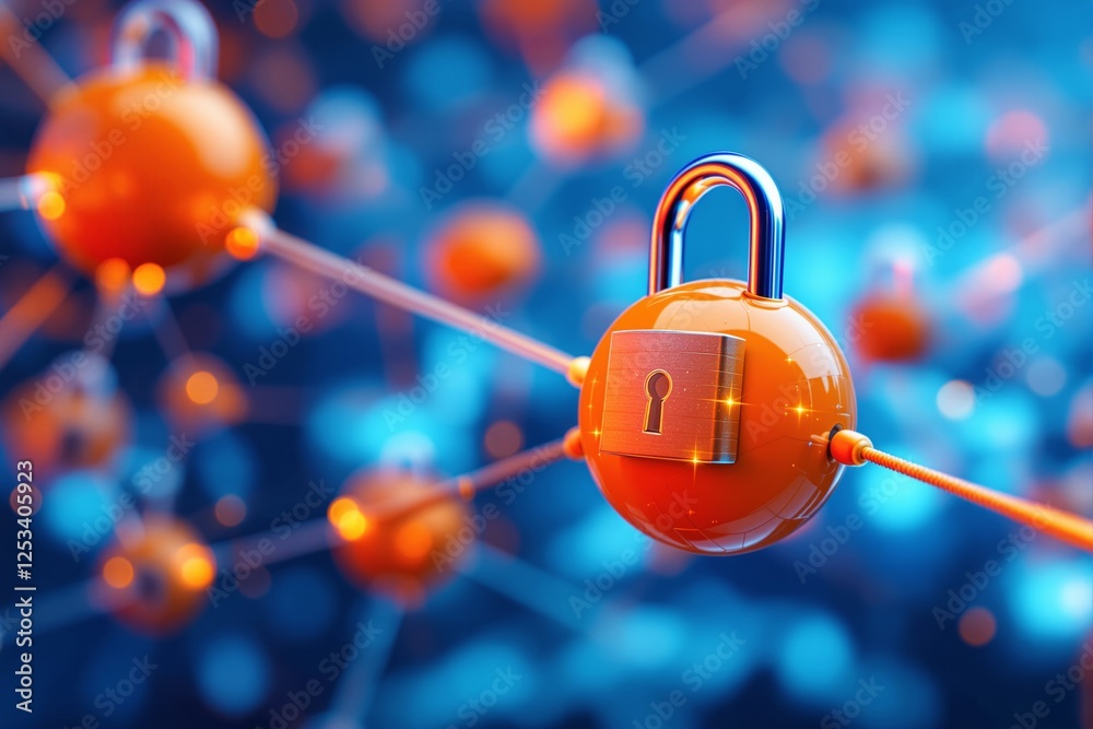Poster orange spheres with padlocks connected by lines, glowing on a vibrant blue bokeh background. concept