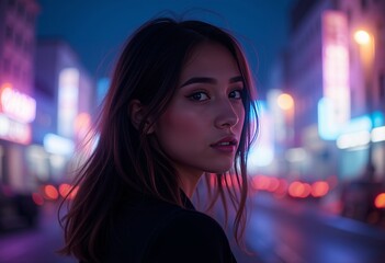 Obraz premium Woman with long hair and hand on her chin under colorful string lights in a dreamy ambiance