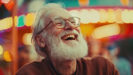 Elderly man with glasses and a beard smiles widely, celebrating happiness amidst colorful lights and a cheerful atmosphere