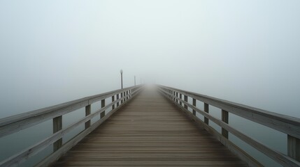 Obraz premium A tranquil seaside pier at sunrise, with wooden planks leading into the misty horizon.