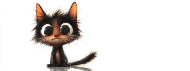 Fototapeta premium Adorable animated kitten with oversized eyes and fluffy fur sits against a plain white background.
