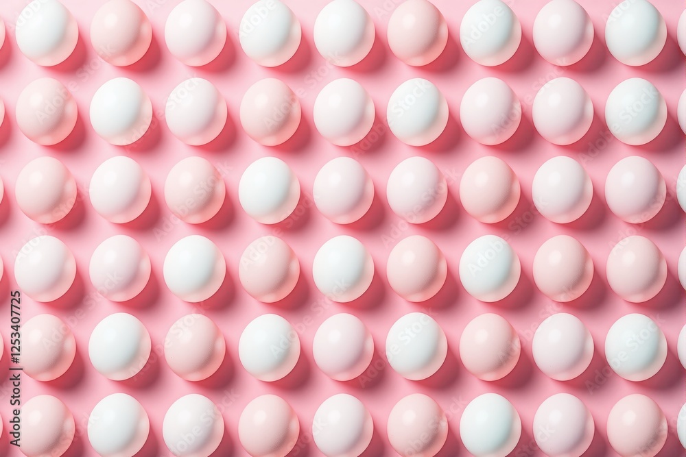 Poster pastel pink and white spheres arranged in an orderly pattern on a pink background.