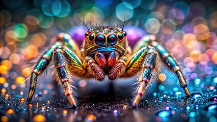 Fototapeta premium A Vibrant Rainbow Jumping Spider on a Sparkling, Dew-Kissed Surface