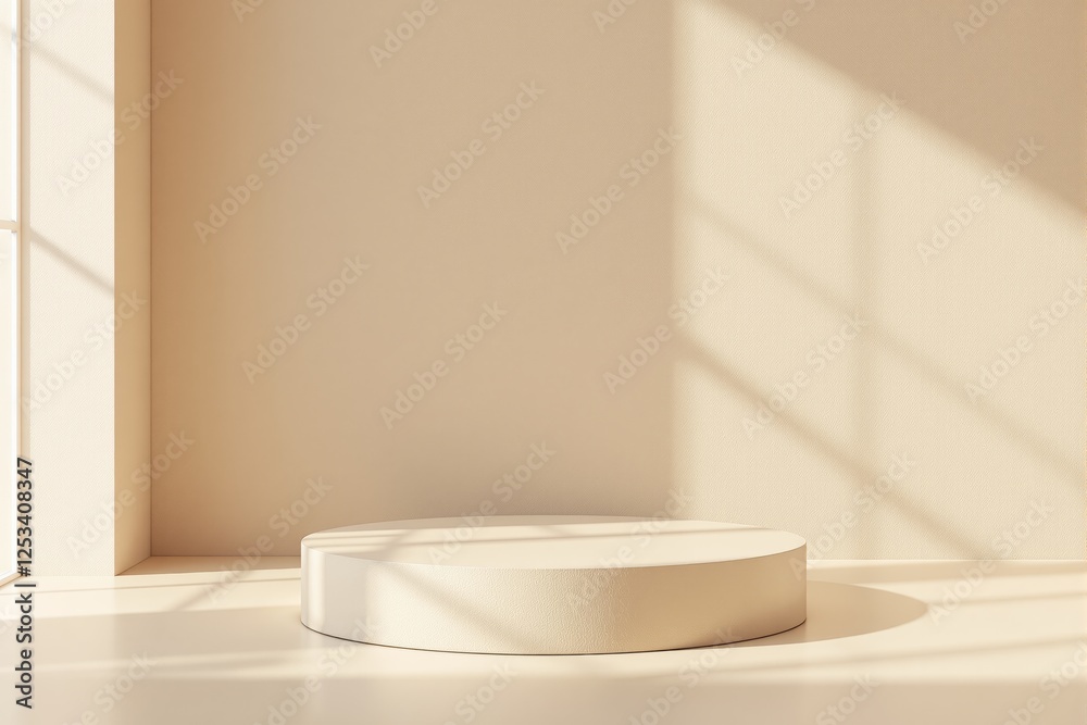 Poster minimal beige podium in sunlight with shadows on soft neutral background.