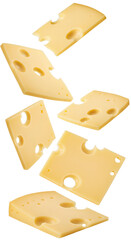 Falling cheese PNG. Cheese pieces falling down isolated. Cheese slices flying in mid-air for dairy and food-related visuals. Dairy product cheese falling from the top, perfect for food marketing PNG