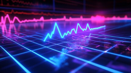 Neon Blue EKG Line Graph Data Visualization, Futuristic Technology Background, Glowing On Dark Grid
