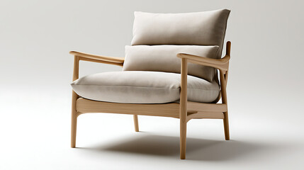 Fototapeta premium A wooden chair with a white cushion sits on a white background. generated using AI