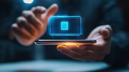 Holographic display hovering above a smartphone held in hands in a dimly lit environment