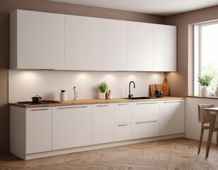 Modern Kitchen interior with empty blank wall for mockup template display. 3D Rendering
