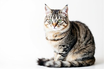 Fototapeta premium Close-up of a striped cat with bright green eyes sitting against a white background.