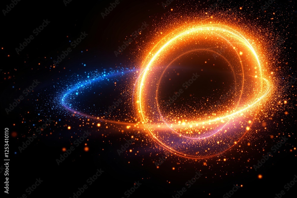 Poster glowing orange and blue light trails with sparkling particles on a dark background.