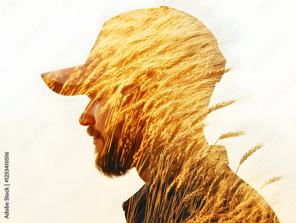 Poster profile silhouette of man with wheat field double exposure effect