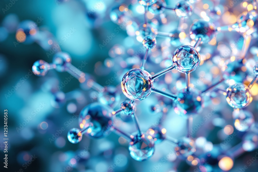Poster abstract molecular structure with crystal-like atoms connected by bonds.