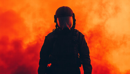silhouette of person in gas mask stands against fiery orange background, evoking sense of urgency and danger