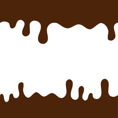 Chocolate dripped. Sweet flowing liquid food with splashes and drops caramel cacao vector realistic pictures. Brown liquid dessert, sweet drip melt