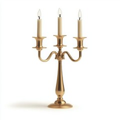 Elegant metallic candelabra with three lit candles, white isolated background.