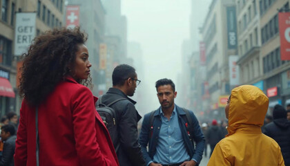 Smiling young people walk the city streets, part of a vibrant urban crowd