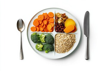 Plate segmented into parts, each containing diverse healthy foods symbolizing a balanced meal