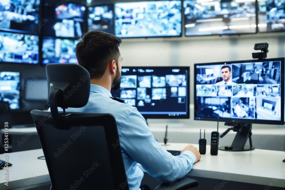 Poster security officer monitoring multiple screens in a control room.