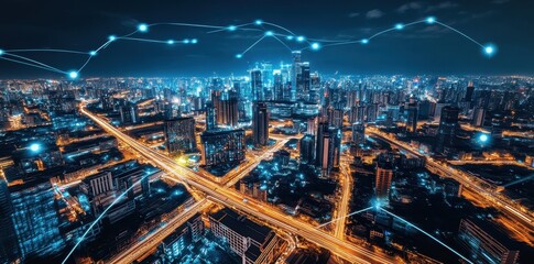Obraz premium Futuristic cityscape with glowing networks at night