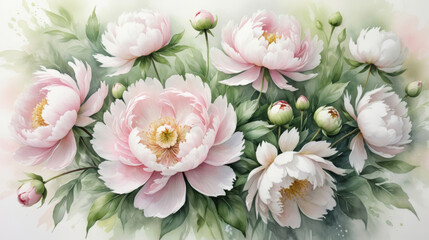 Lush pink peonies with green buds and leaves in watercolor style on soft background