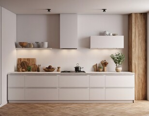 Modern Kitchen interior with empty blank wall for mockup template display. 3D Rendering