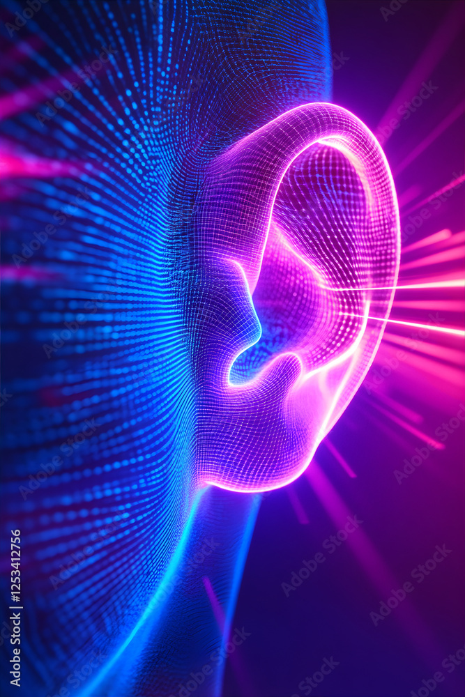 Canvas Prints neon glowing ear with energy waves going trough the skin. data waves.ai technologies penetrating int