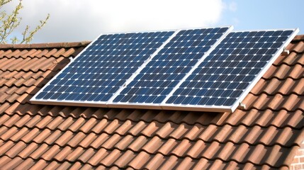 Solar panels on a tiled roof under a partly cloudy sky. Possible use Stock photo for renewable energy, sustainability, or home improvement