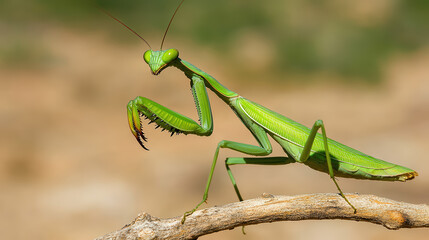 a close up of a green praying mantis on a branch.