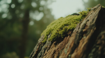 a close-up of moss growing on a log in a forest.