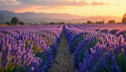 Obraz premium Lavender field landscape at sunset with vibrant blooms and distant mountains