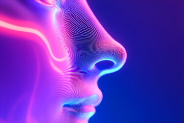 Neon glowing face with energy waves going trough the skin. Data waves.AI technologies penetrating into people's lives